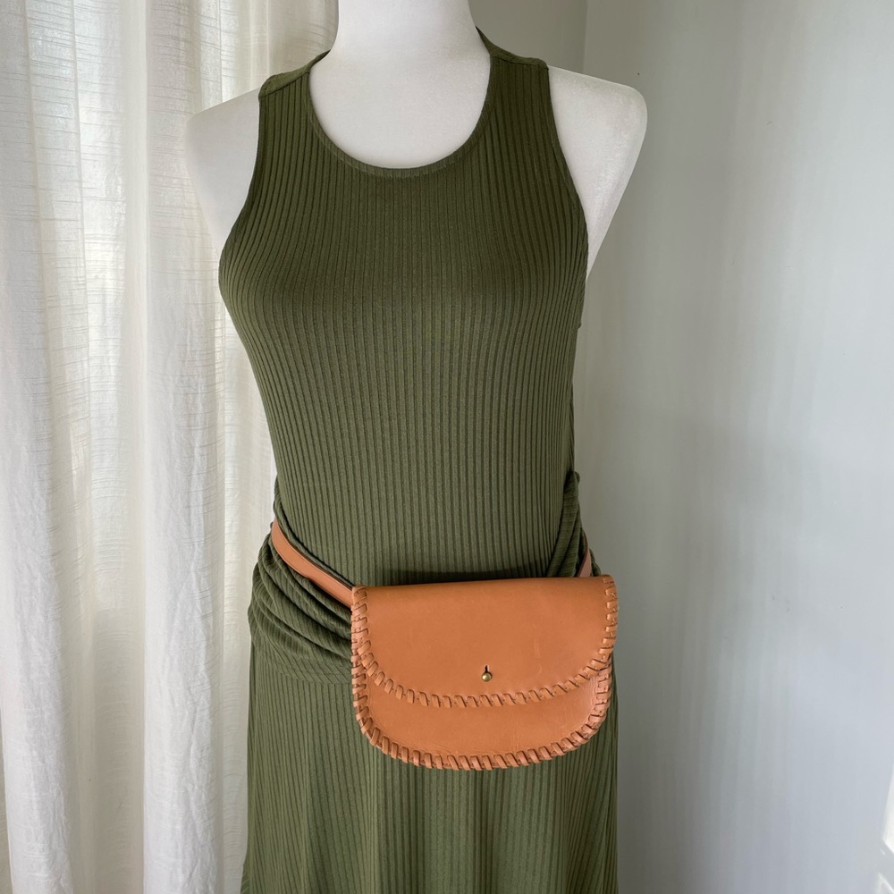 Madewell Tan Leather Woven-Trim Belt Bag